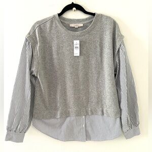 LOFT Striped poplin layered Mixed Media Sweatshirt Top NWT